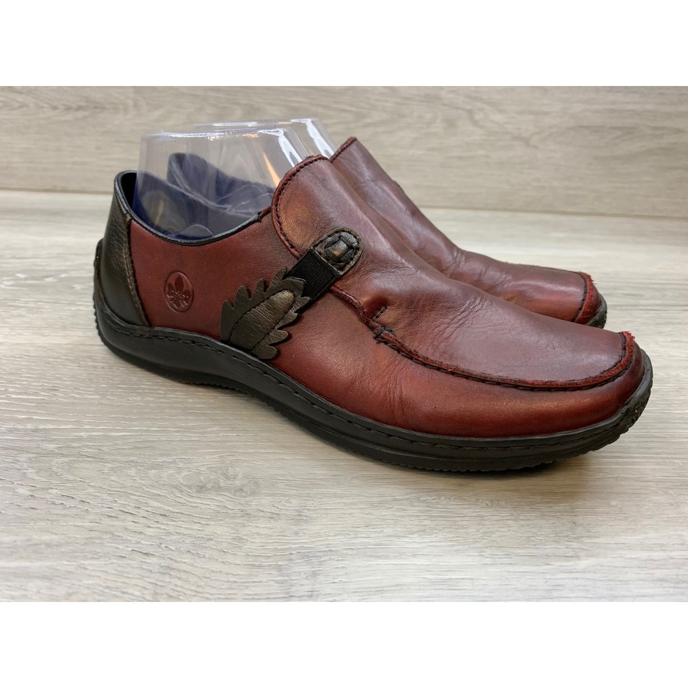 Rieker Women's Burgundy Leather Leaf Gore Slip On Loafers Shoes Women's 7
